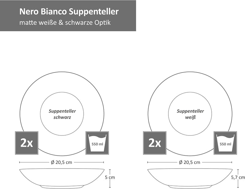 MamboCat Nero Bianco 4er Set Suppenteller tief I 550ml I Ø 20,5 cm I 4 Personen I weisses & schwarze