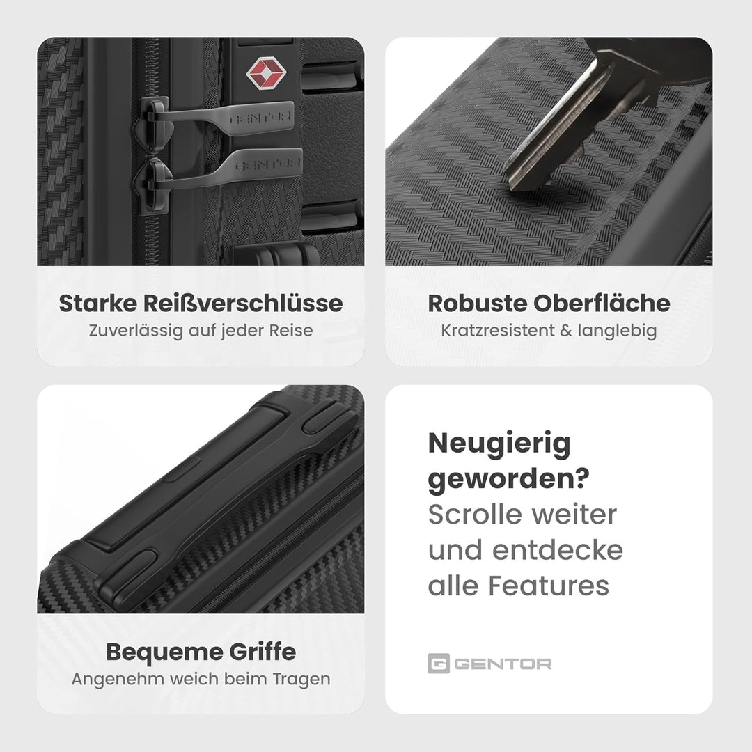 GENTOR Koffer Reisekoffer mit Rollen Carbonoptik Hartschalenkoffer Trolley Handgepäck mit TSA-Schlos