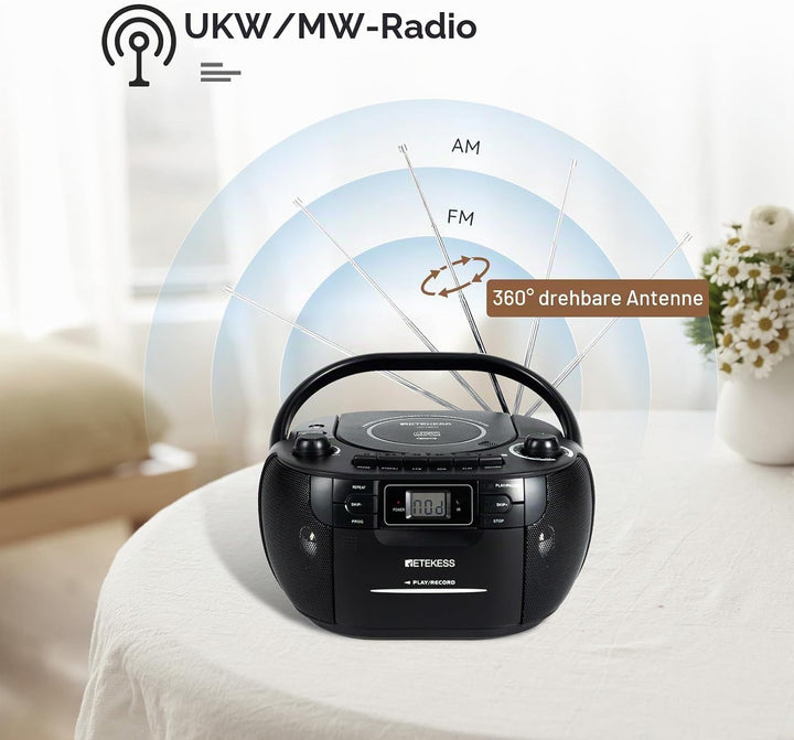 Retekess TR621 Tragbares CD Radio,Kassettenspieler CD,Stereo mit AM FM-Radio,Kassettenrekorder,Unter