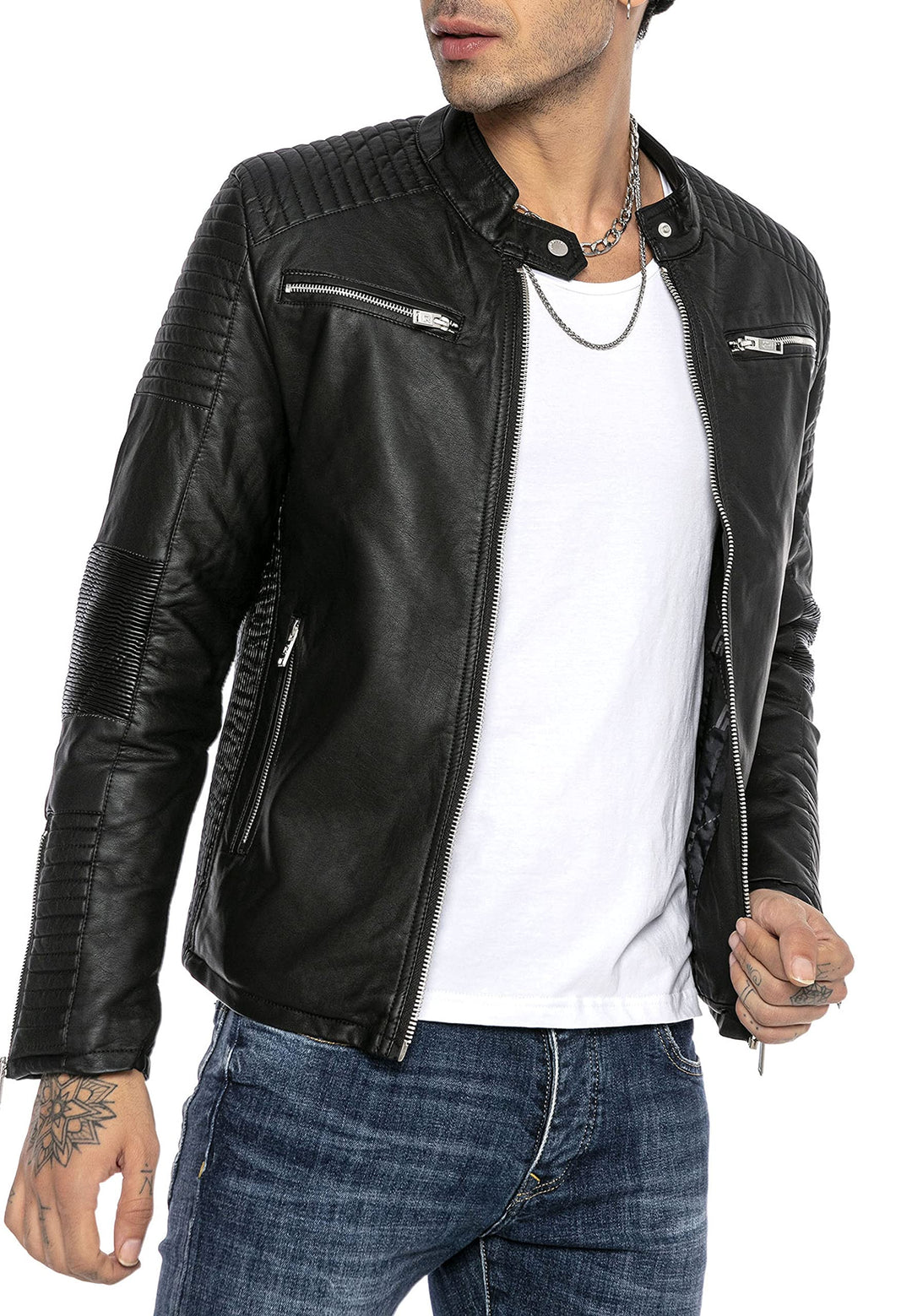 Herren Lederjacke Kunstleder Bikerjacke Übergangsjacke Brooklyn Slim Fit Schwarz M Schwarz, M Schwar