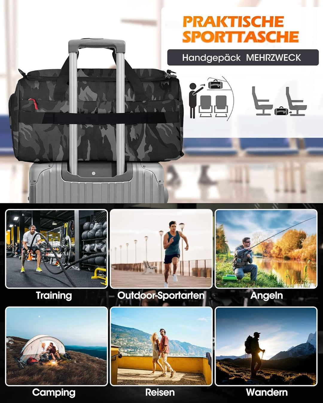 RAINSMORE 3 IN 1 Sporttasche Herren 45L Reisetasche Rucksackfunktion Handgepäck mit Schuhfach Latopf