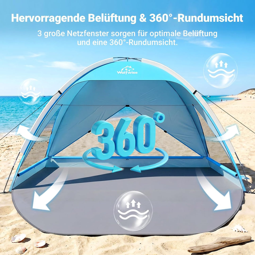 Wolfwise grosse Strandmuschel UV Schutz für 3-4 Personen, Strandzelt grosszügig mit Sonnenschutz UPF