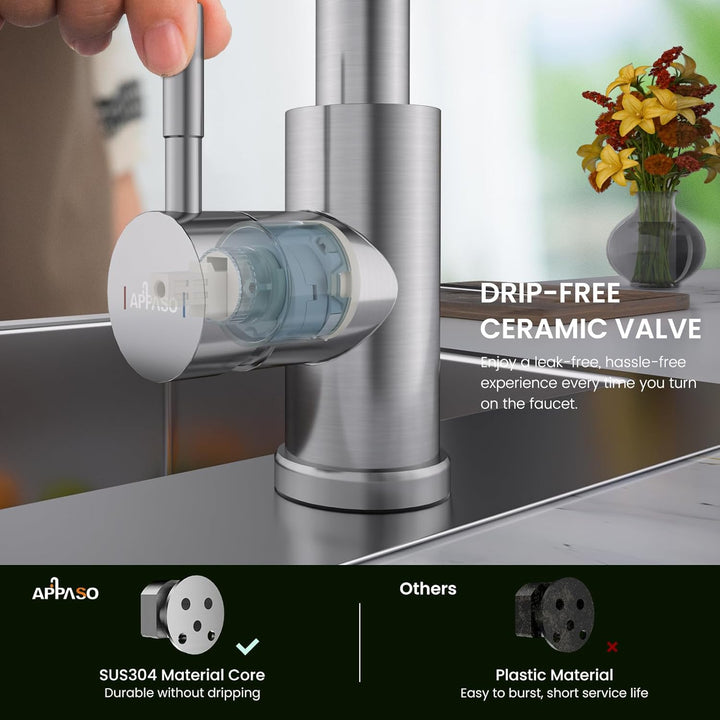 APPASO Waterfall Wasserhahn Küche Ausziehbar, Waterfall Hochdruck Küchenarmatur mit Bruase 360° Dreh