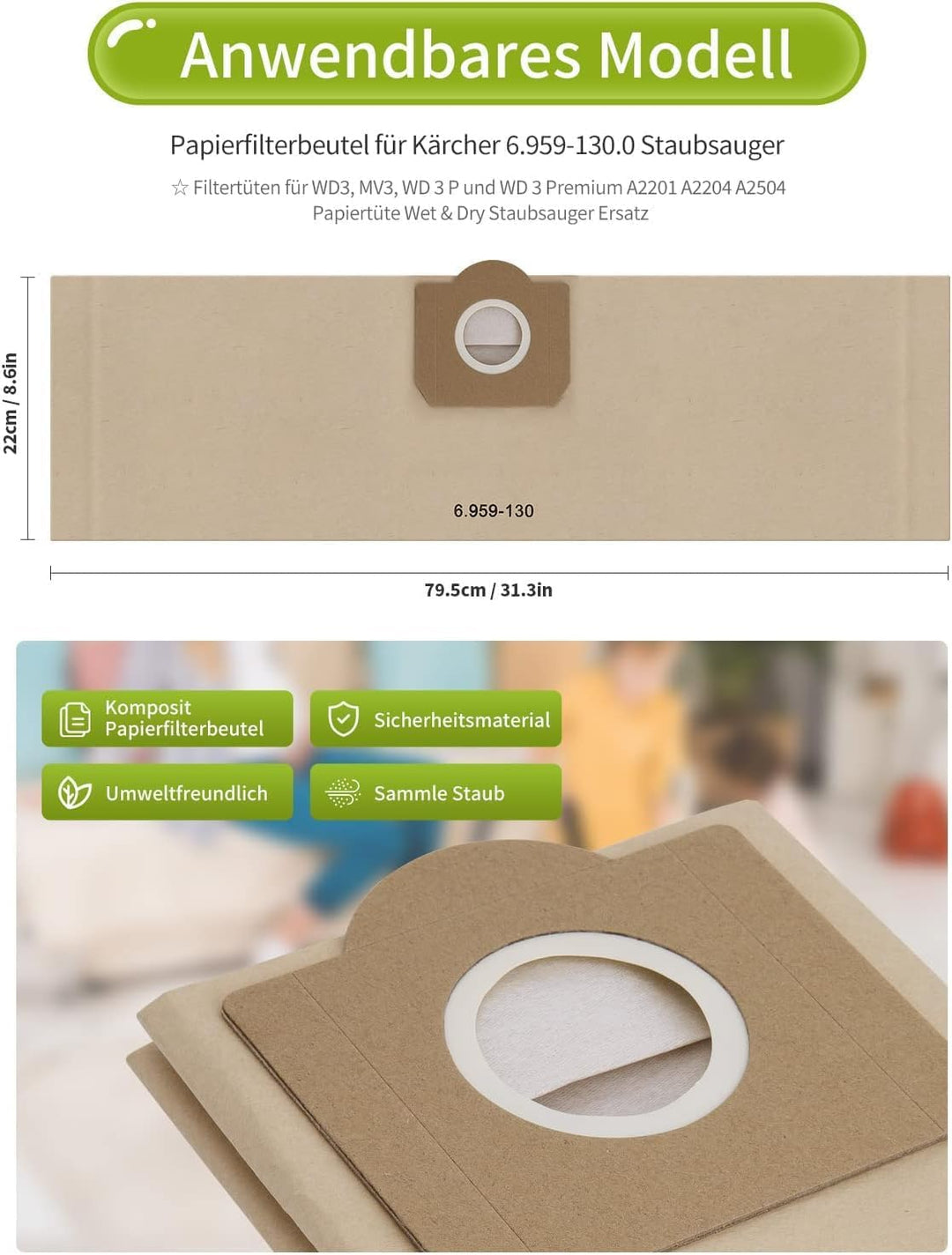 15 Stück Papierfilterbeutel für Kärcher 6.959-130.0, WD3 Staubsaugerbeutel Papier Filtertüten Beutel