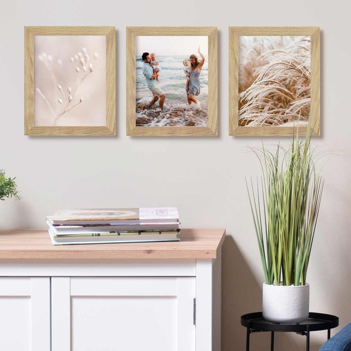 PHOTOLINI Bilderrahmen 20x25 cm Eiche Massivholz, breite Rahmen, 3er Set, modern, bruchsicheres Acry
