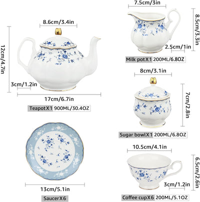 fanquare 21 Stück Porzellan Teeservice, Blau Blumen Tee Set, Englische Kaffeeservice Set mit Teekann