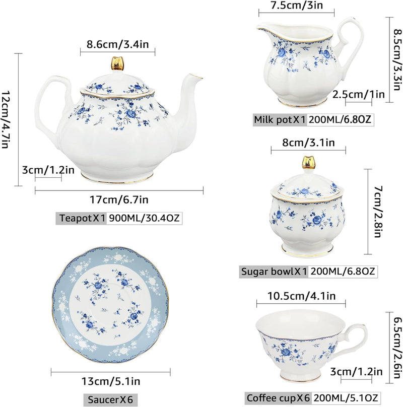 fanquare 21 Stück Porzellan Teeservice, Blau Blumen Tee Set, Englische Kaffeeservice Set mit Teekann