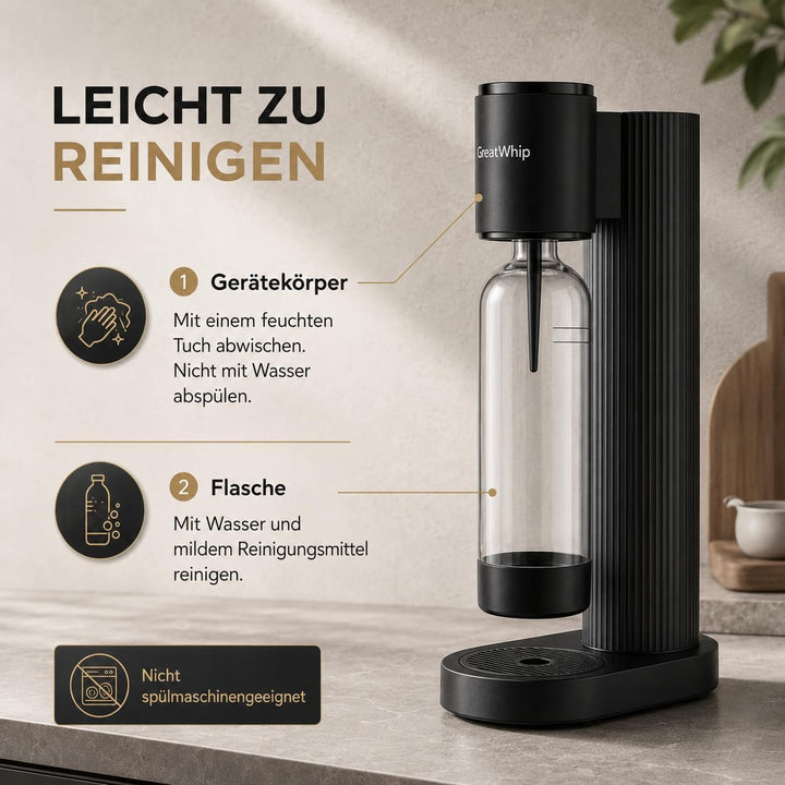 GreatWhip Wassersprudler Machine Schwarz, Sodamaschine, Kompatibel mit Einschraubbarem 60L CO2 Karbo