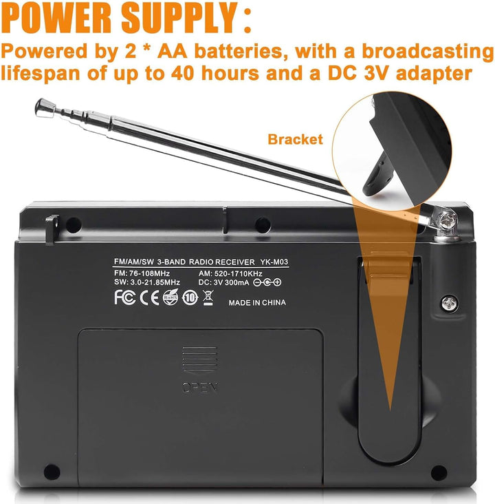 Tragbares Radio AM/FM/SW Kofferradio, Netz & Batteriebetrieb LED-Display mit Bestem Empfang Eingebau