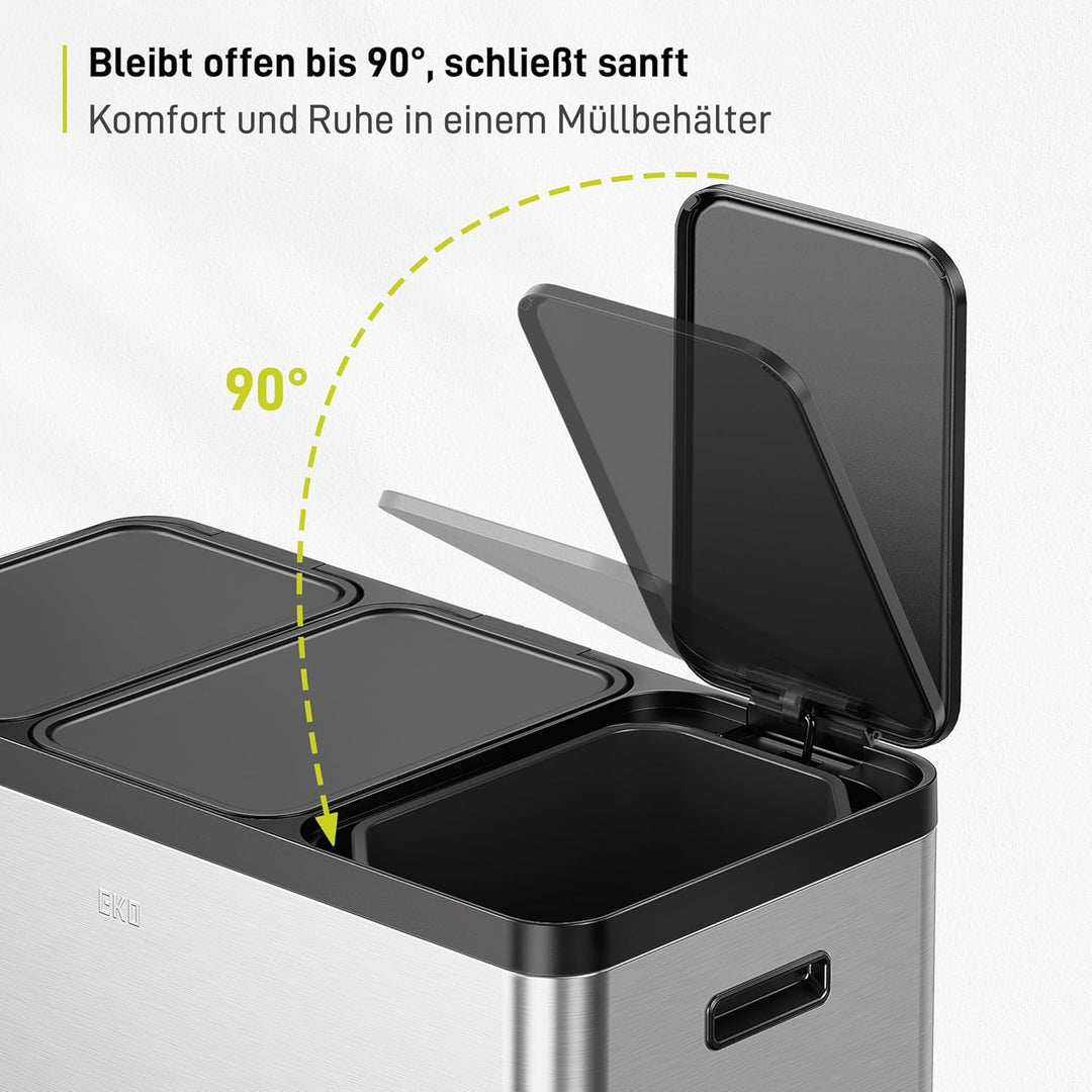 EKO Essential Mülleimer 3 Fächer, 3 x 20 L, Mülltrennsystem Küche, inklusive 20 Müllbeutel, Tretmüll