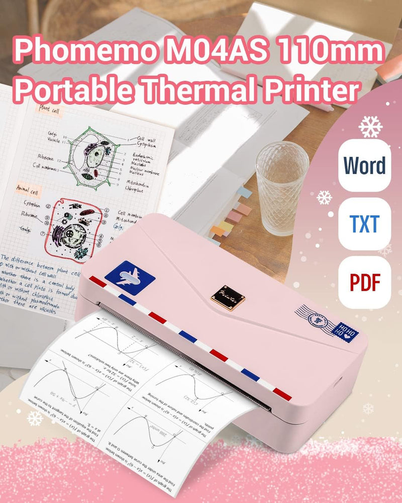 Phomemo M04AS Mini Drucker - 4" Tragbarer Thermodrucker Bluetooth 15/53/80/110mm Druckbreite, 304dpi