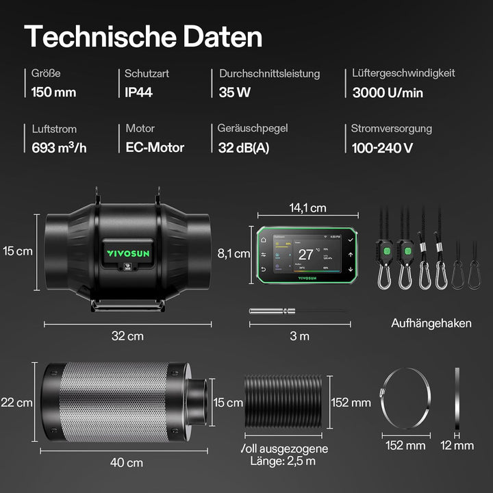 VIVOSUN Smart Rohrventilator 150mm Leise Abluftset 694m³/h E42A+Controller | AeroZesh T6 Abluftventi