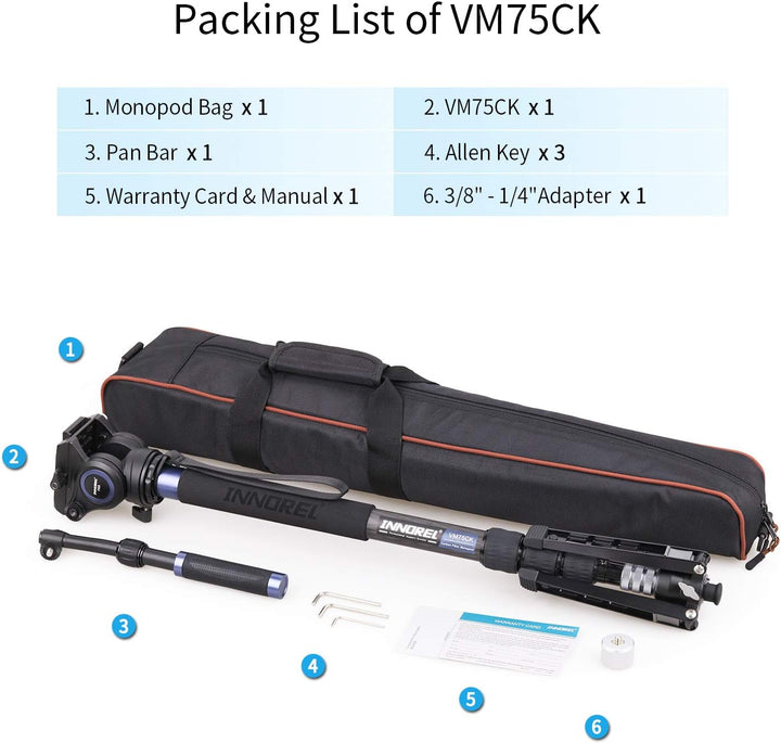 Kamera Einbeinstativ Kit, INNOREL VM75CK, 182cm Kohlefaser Video Einbeinstativ Bein mit F60 Fluidkop