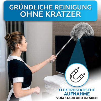 FusselZz® dust it Staubwedel teleskop waschbar [GROssES Set] – lang ausziehbar bis 2,45 m – Spinnweb