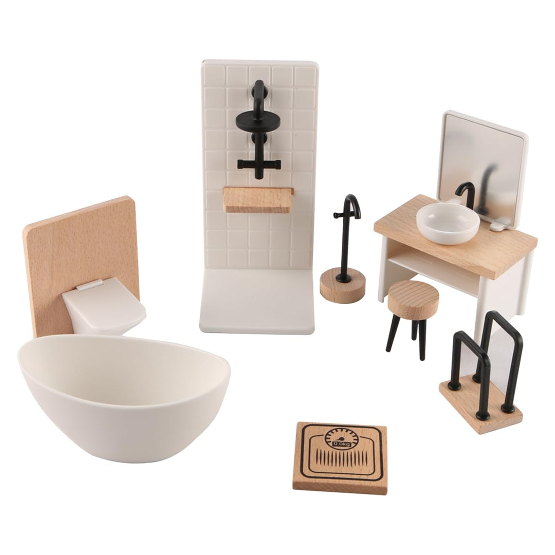 Sarini Puppenhaus Badezimmer Set Miniatur Simulation Modell Toilette Badewanne Holz Badezimmer Schra