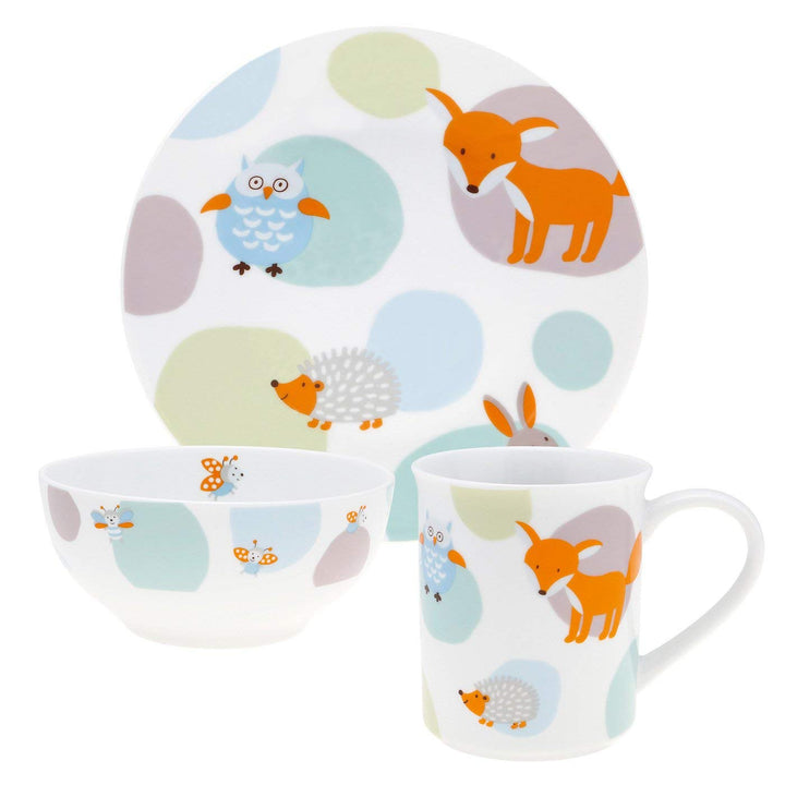 Puresigns WOODY Kindergeschirr Set 3-teilig – Waldtier-Design in Pastellfarben – Teller, Tasse & Müs