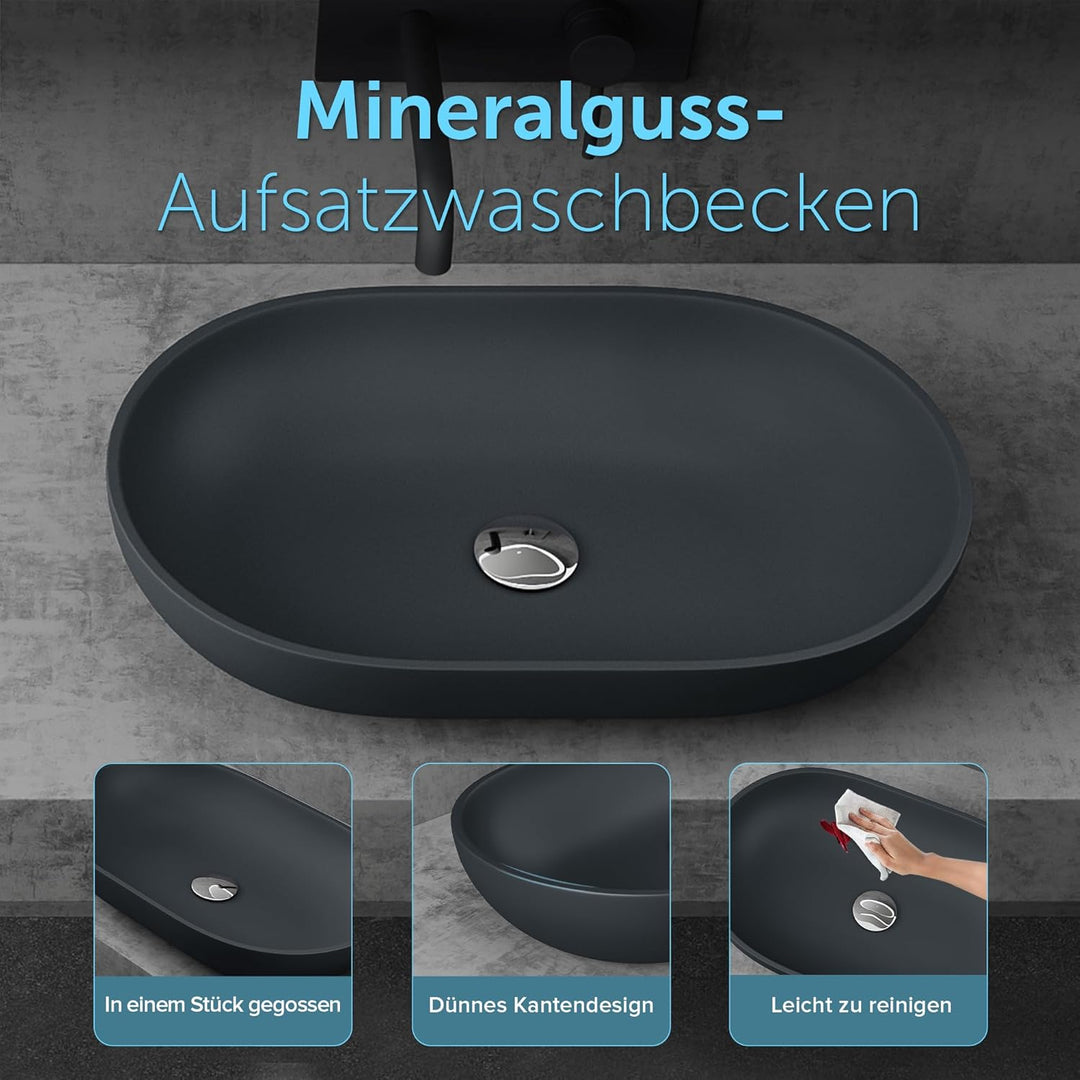 doporro Design Waschbecken Bad 54x34x10,5cm | Waschtisch aus hochwertigem Guss-Marmor in Anthrazit m