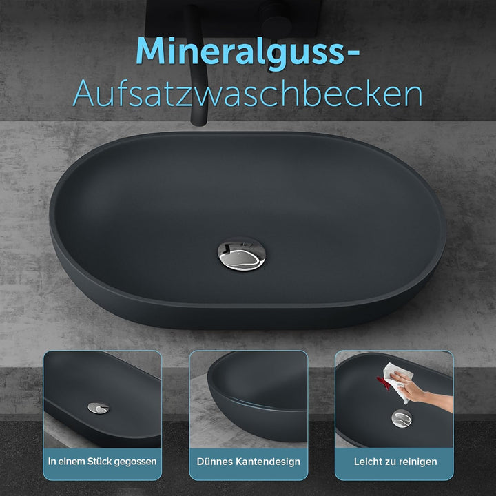 doporro Design Waschbecken Bad 54x34x10,5cm | Waschtisch aus hochwertigem Guss-Marmor in Anthrazit m