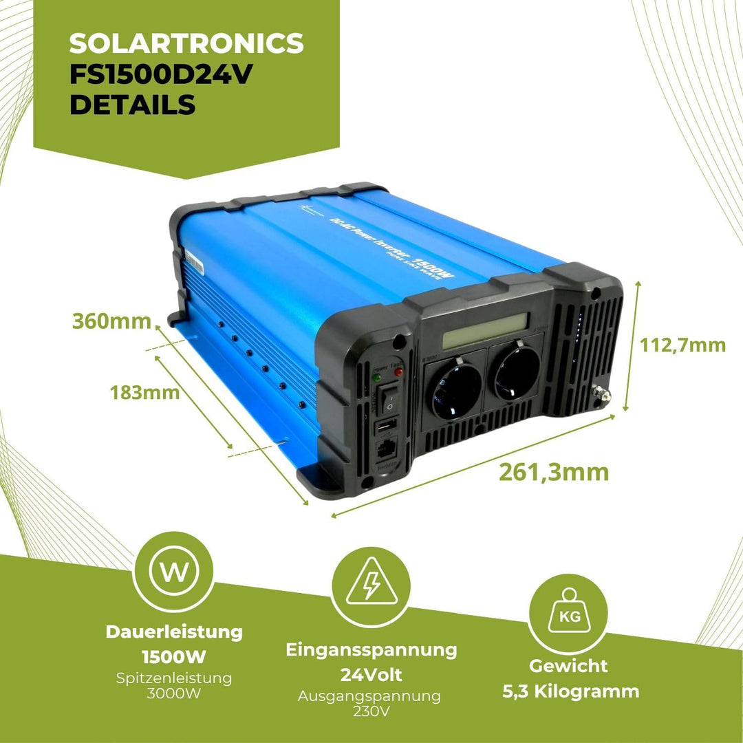 solartronics Spannungswandler FS1500D 24V 1500/3000 Watt Reiner Sinus BLAU m. Display FS Serie LiFeP