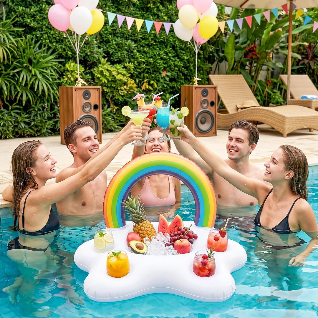 Morofme Regenbogen Getränkehalter Pool, 2in1 Snacks Poolbar Aufblasbar, 5 Löcher Aufblasbarer Geträn