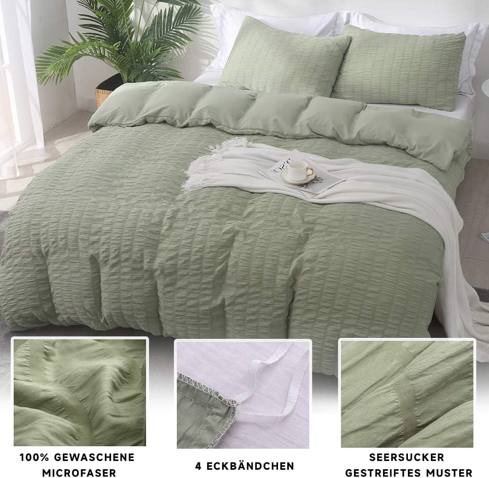 Boqingzhu Seersucker Bettwäsche Grün 220x240cm Sommer Atmungsaktiv Kühlende Wende Bettwäsche Set Bet