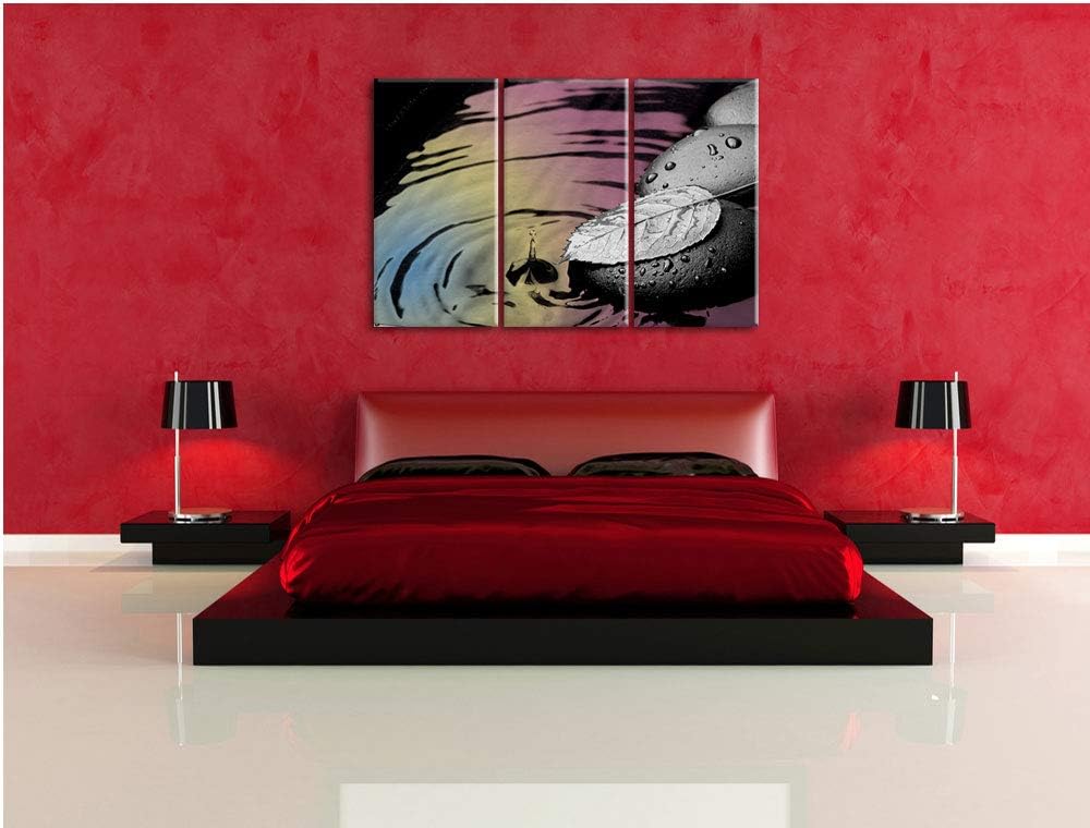 Blatt auf Zen Steinen im Wasser schwarz/weiss 3-Teiler Leinwandbild 120x80 Bild auf Leinwand, XXL ri