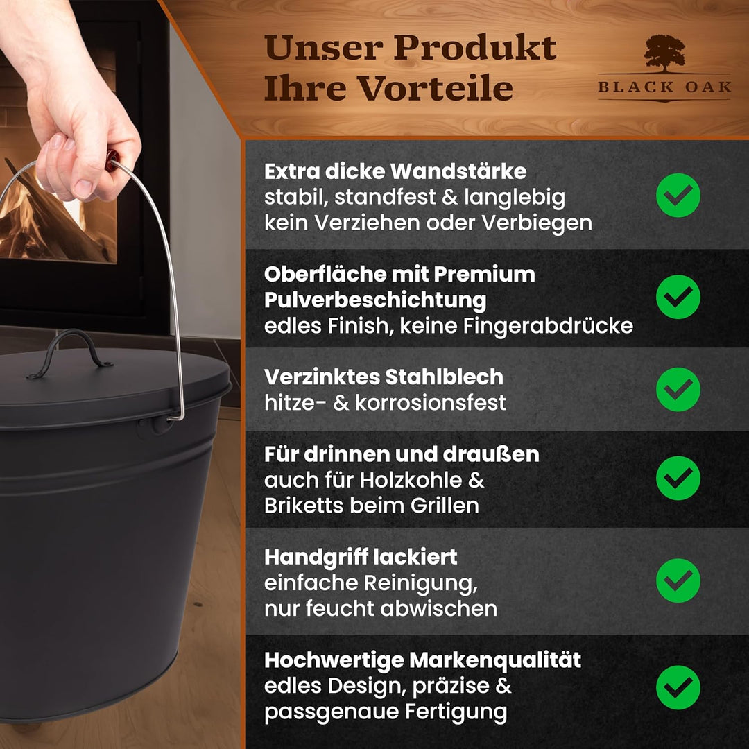 BLACK OAK Ascheeimer Vesuvio 20L mit Lederhandschuh – schwarz oval mit Deckel - gross 20 Liter - Sta