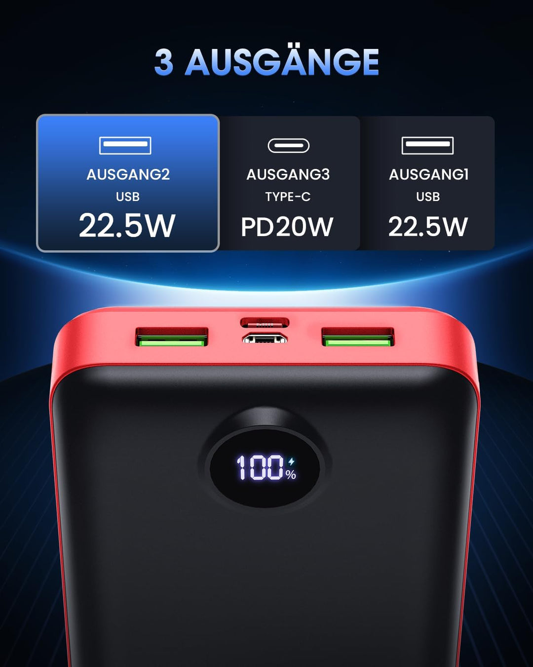 PowerBank 50000mAh grosse kapazität, 22,5W schnelles Aufladen externer Akku USB-C 3 Ausgänge und 2 E