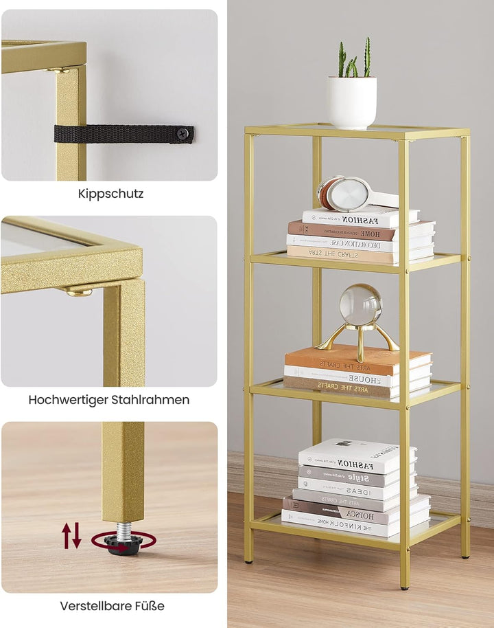 VASAGLE Regal mit 4 Ablagen, Badregal, gehärtetes Glas, einfache Montage, für Badezimmer, Wohnzimmer