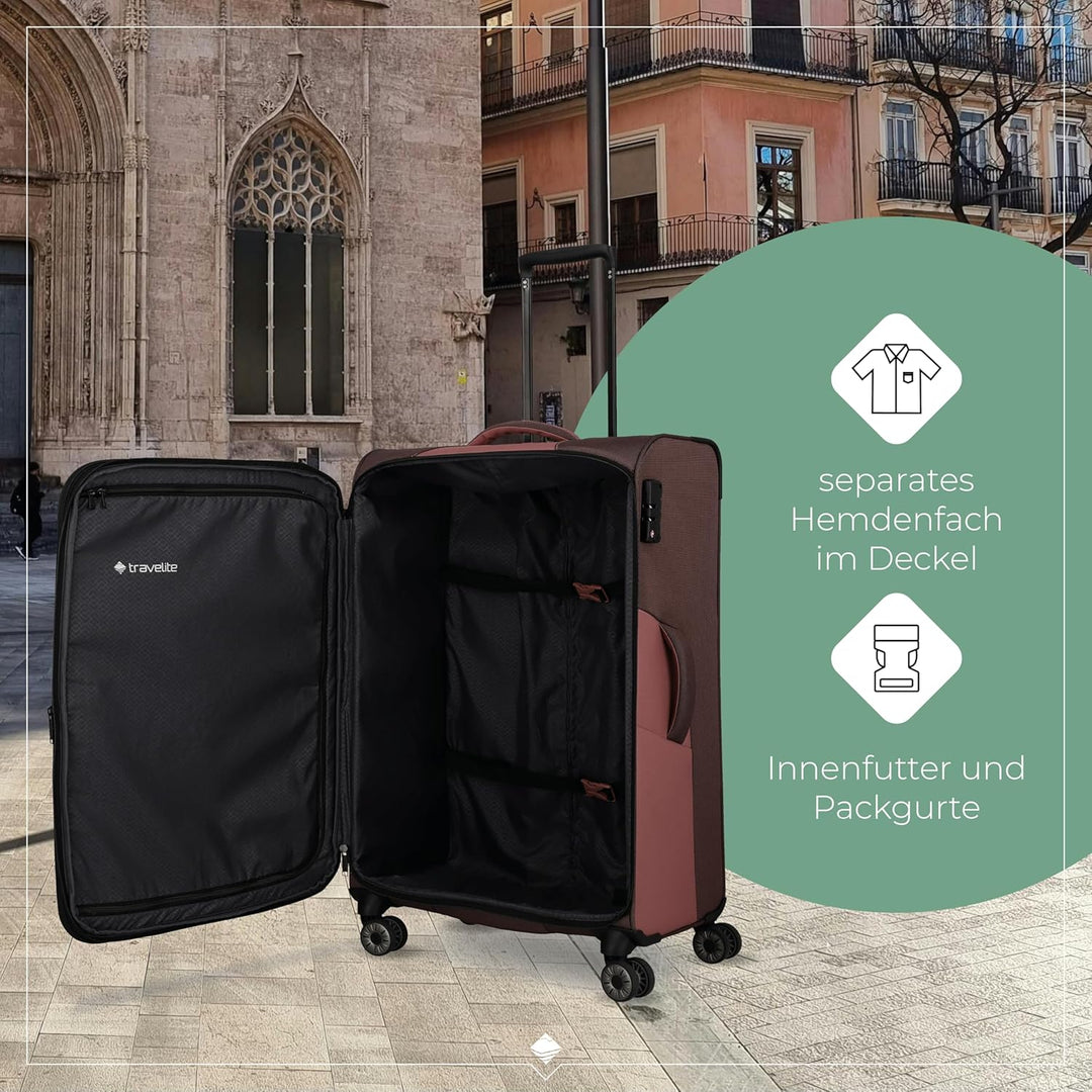 Travelite 4-Rad Koffer Grösse L Weichschale aus recyceltem Material, Gepäck Serie VIIA: Trolley mit