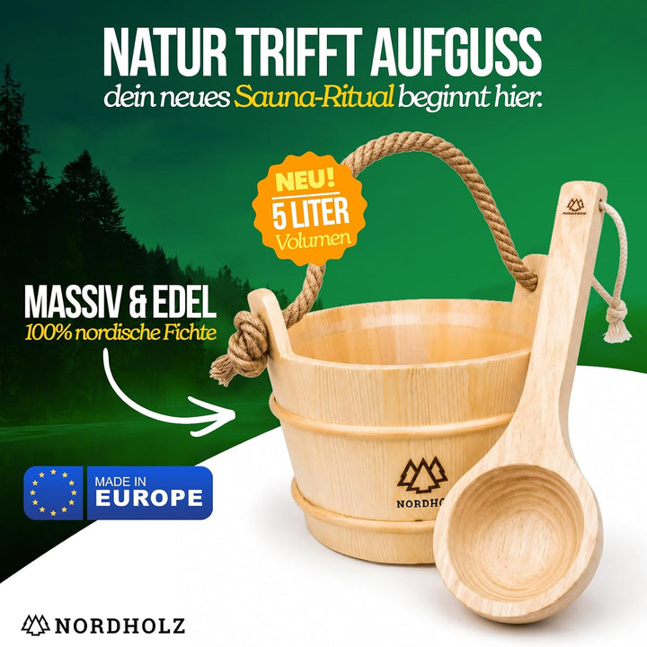 NORDHOLZ® Sauna Eimer mit Kelle aus 100% nordischer Fichte - Hochwertiges Sauna Zubehör - Einsatz, H