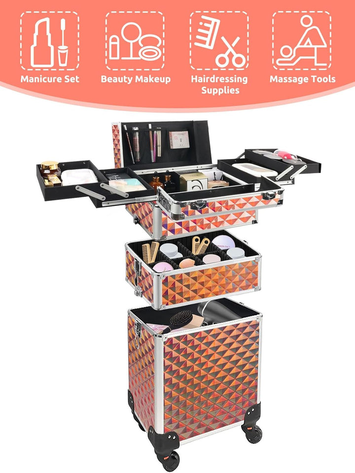 EBANKU 3-in-1 professioneller Make-up-Zugkoffer, Aluminium-Kosmetikkoffer, rollender Make-up-Koffer,