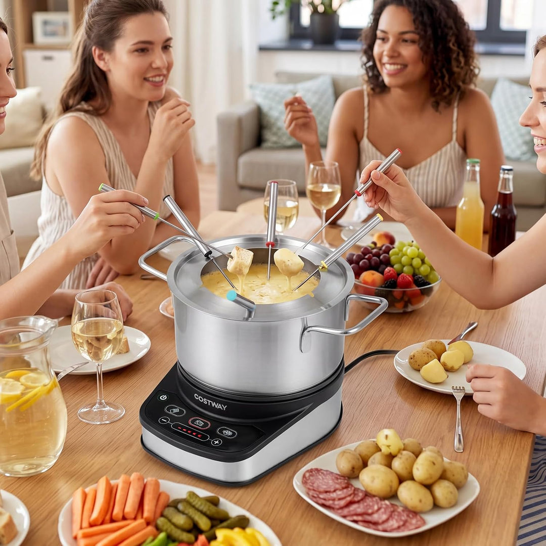 COSTWAY Elektrisches Fondue Set, 1200W Fondueset mit abnehmbarem 3L Edelstahltopf, 6 farblich markie
