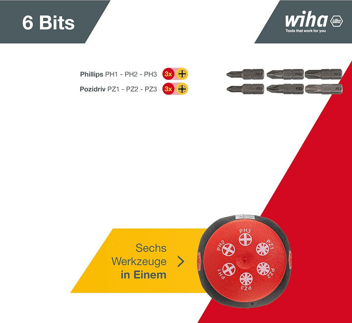 Wiha Schraubendreher Stubby mit Bit Magazin magnetisch (33740) I Schlitz, Kreuzschlitz I mit 6 Bits,