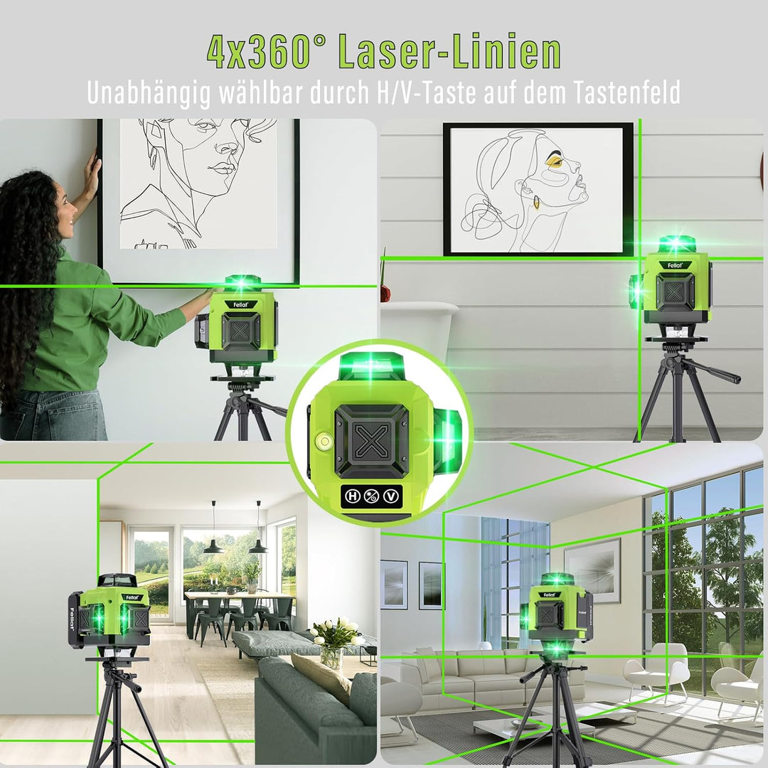 Kreuzlinienlaser, FELLAT 4x360° kreuzlinienlaser grün, Kreuzlinienlaser Selbstnivellierend Linienlas