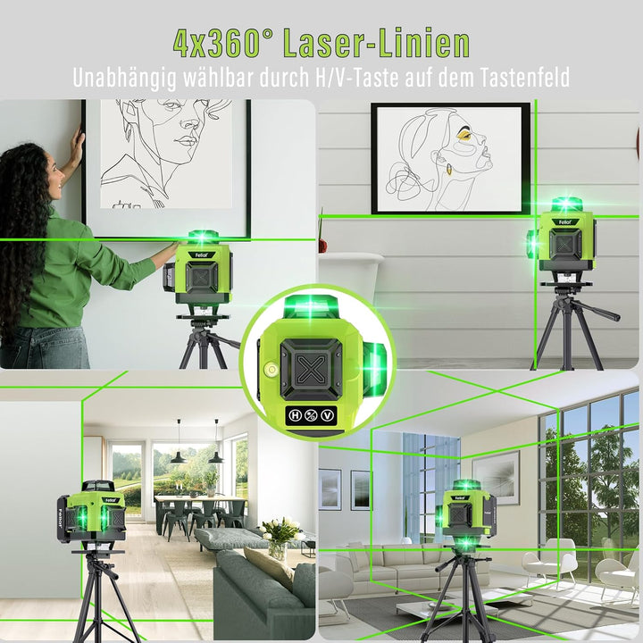 Kreuzlinienlaser, FELLAT 4x360° kreuzlinienlaser grün, Kreuzlinienlaser Selbstnivellierend Linienlas