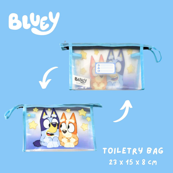 Bluey Kulturbeutel für Kinder, Design Bluey und Bingo Inklusive Haarbürste, Handtuch, Geldbörse, PVC