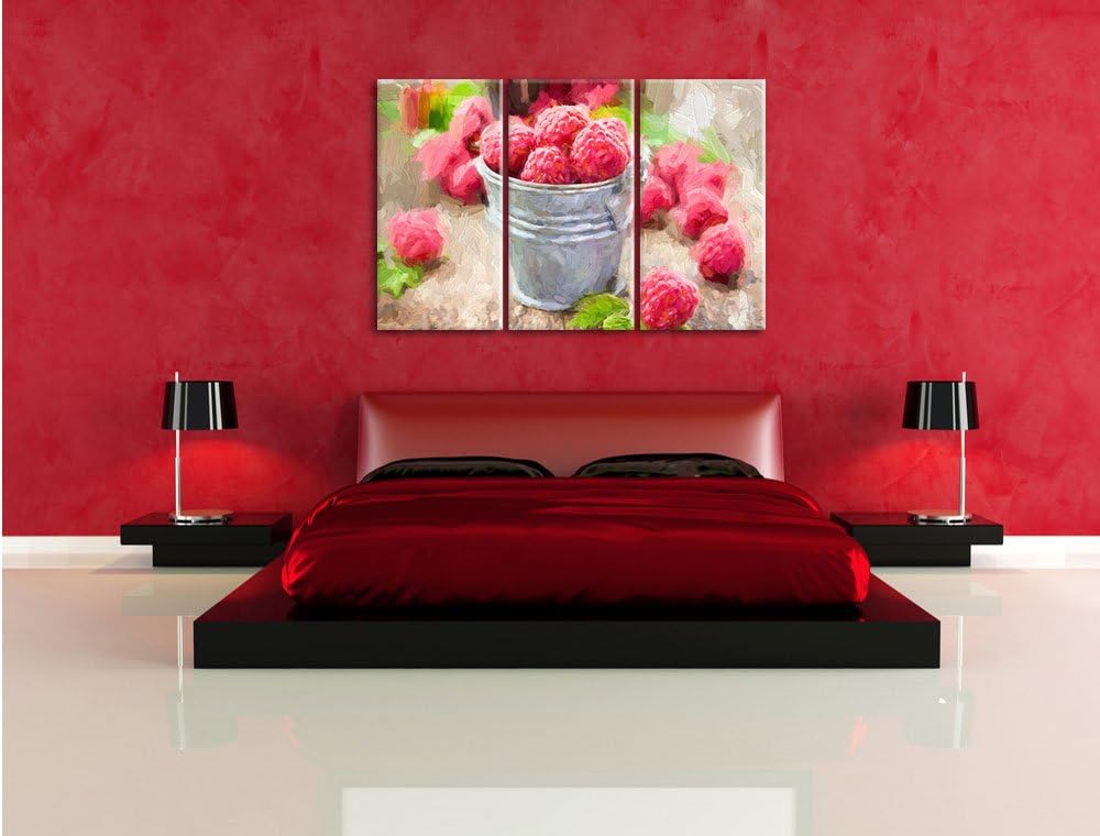 Pixxprint Himbeeren im Blecheimer als Leinwandbild/Grösse: 3 Teilig (120x80 cm) cm/Wandbild/Kunstdru