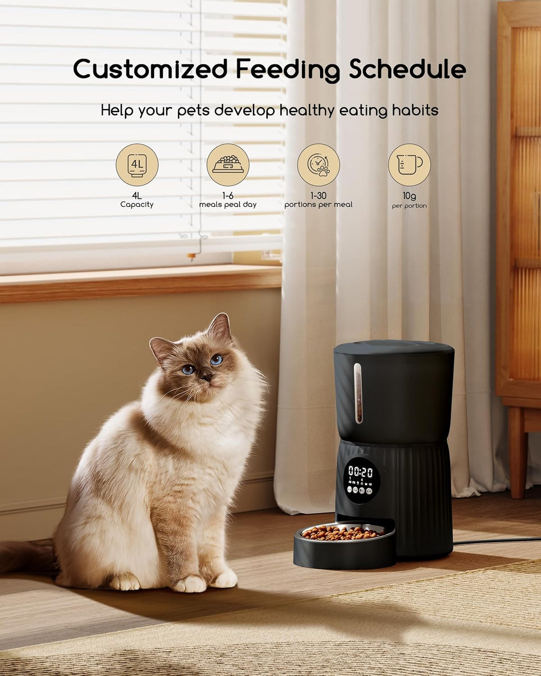 Faroro Futterautomat Katze, 4L Katzenfutter Automat, Futterspender Katze Mit 1–6 Mahlzeiten Pro Tag,