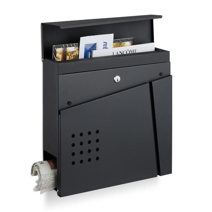 Relaxdays Briefkasten mit Zeitungsfach, Sichtfenster, HBT 37x37x11 cm, 2 Schlüssel, Stahl, moderner