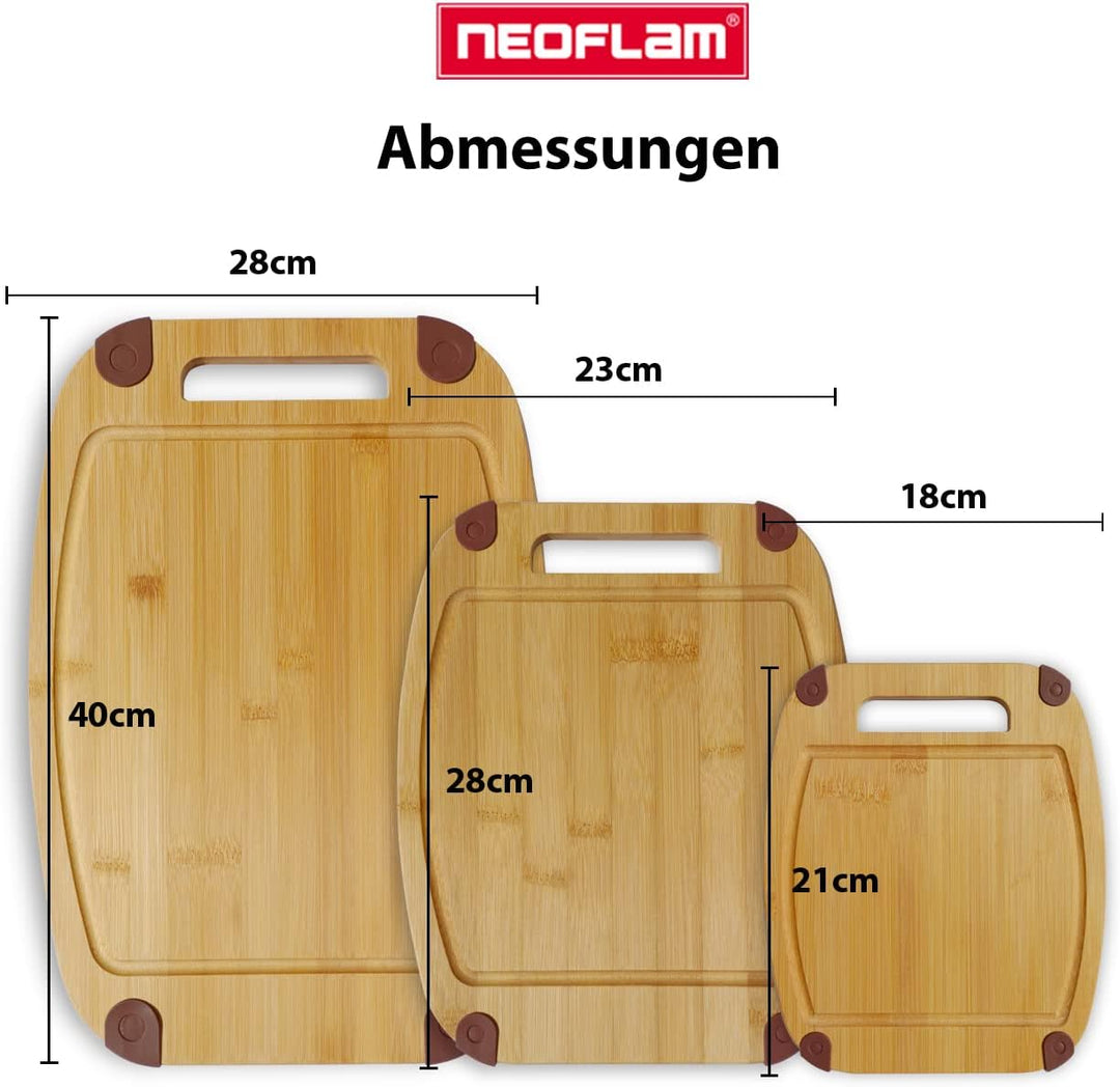 NEOFLAM® - Bambus Schneidebrett Holz rutschfest 3er Set Schneidbretter mit Griff & Saftrille - natür
