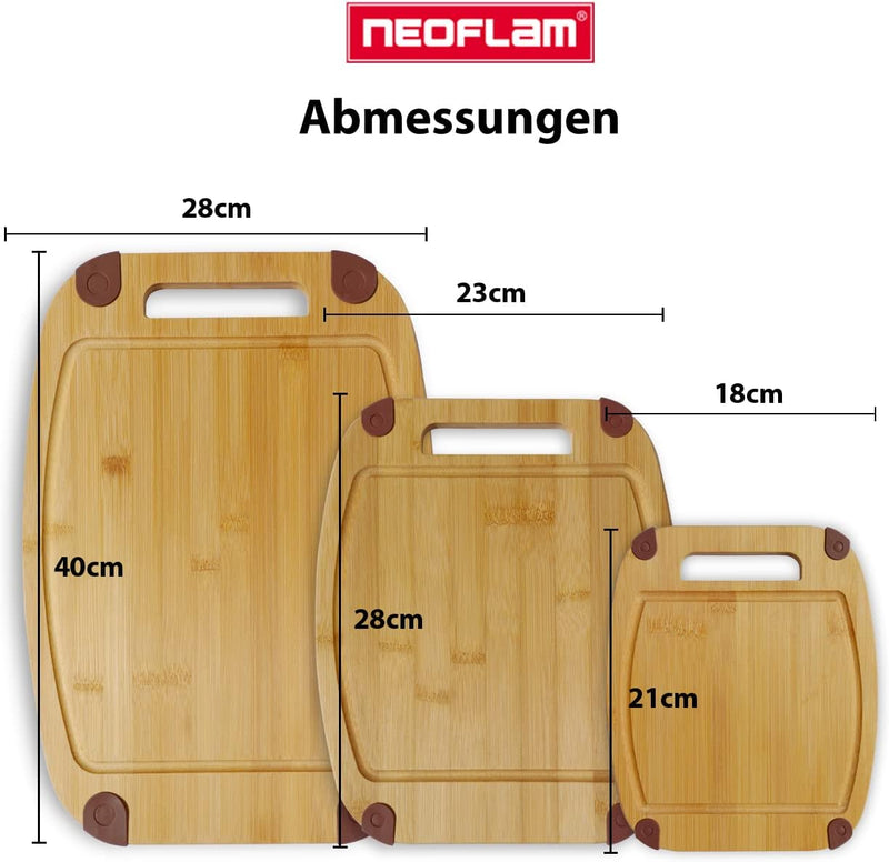 NEOFLAM® - Bambus Schneidebrett Holz rutschfest 3er Set Schneidbretter mit Griff & Saftrille - natür