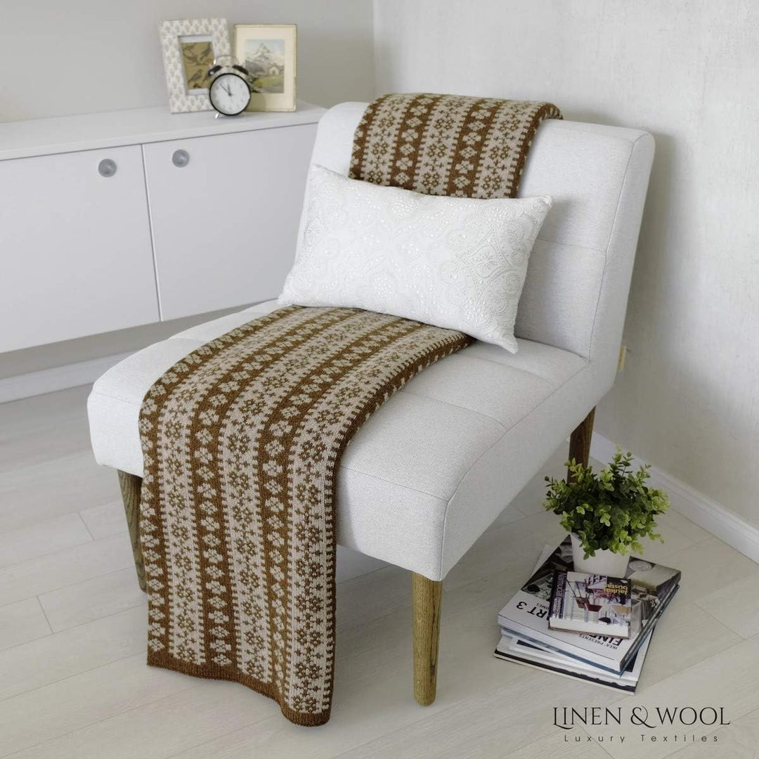 Linen & Cotton Luxus Warme Decke Wolldecke Gestrickt Arctic - 100% Reine Neuseeland Wolle, Beige/Bra