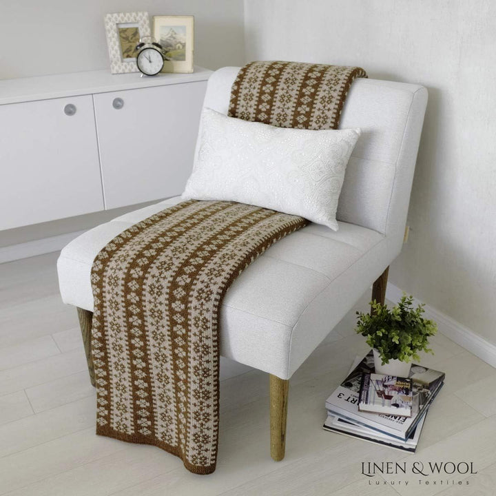 Linen & Cotton Luxus Warme Decke Wolldecke Gestrickt Arctic - 100% Reine Neuseeland Wolle, Beige/Bra