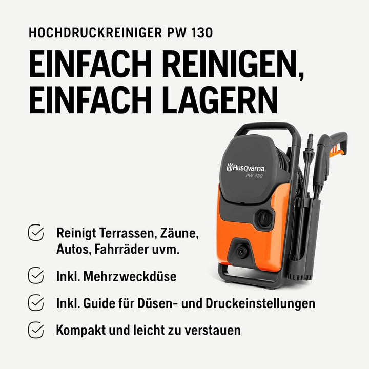 Husqvarna PW 130 Hochdruckreiniger – 130 Bar, 465L/h Durchflussmenge, Metallpumpe, 6 m Schlauch, Sch