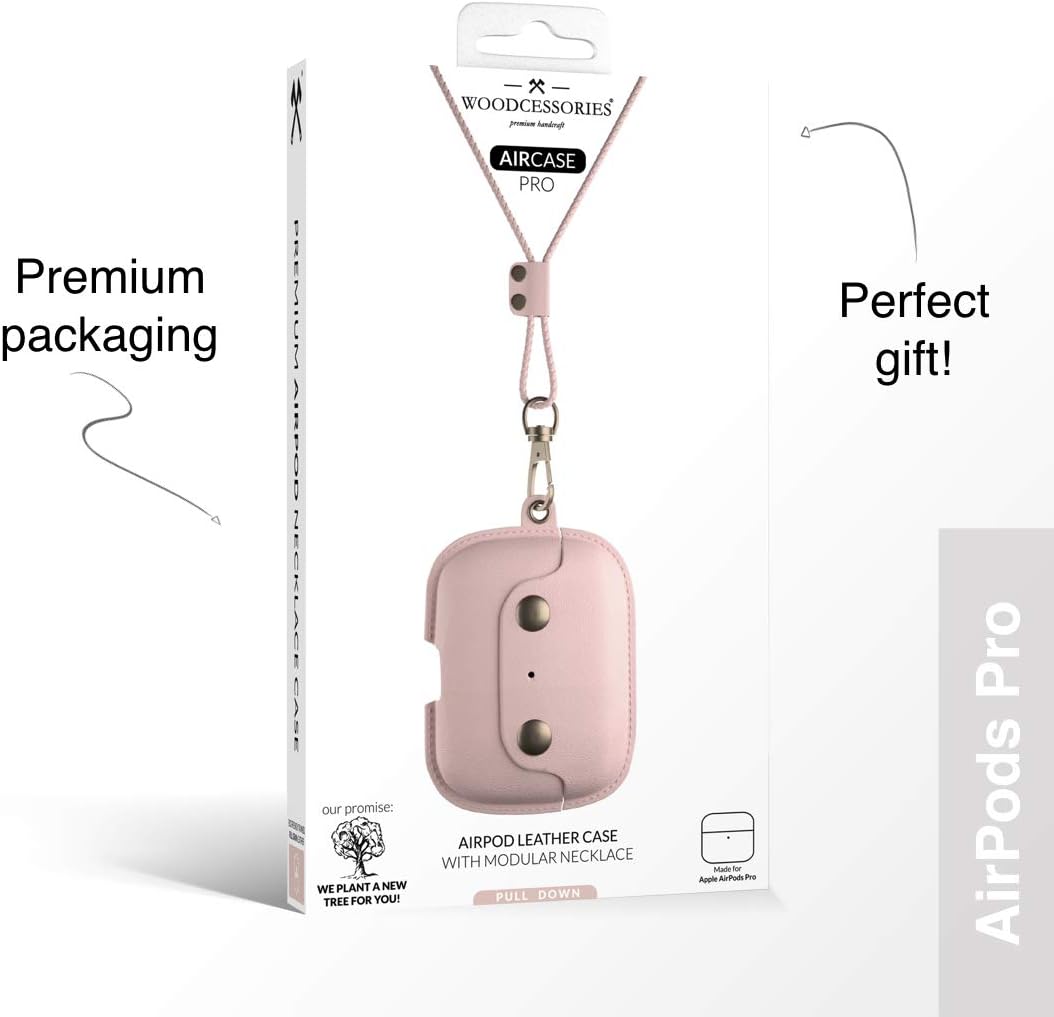 Woodcessories - AirPods Pro Leder Hülle mit Halskette, AirCase (Rose Nude) AirPods Pro rose, AirPods