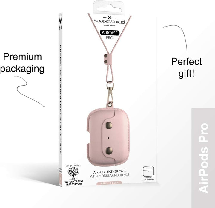 Woodcessories - AirPods Pro Leder Hülle mit Halskette, AirCase (Rose Nude) AirPods Pro rose, AirPods