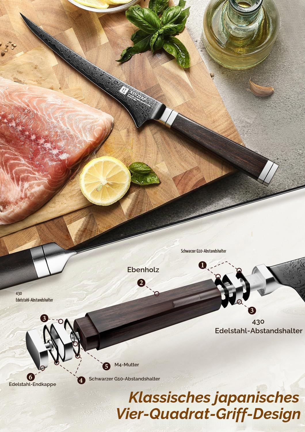 XINZUO 18,4cm Damaststahl Filetiermesser-Schwarze Klinge -67 Schichten Damastmesser Fischmesser Prof