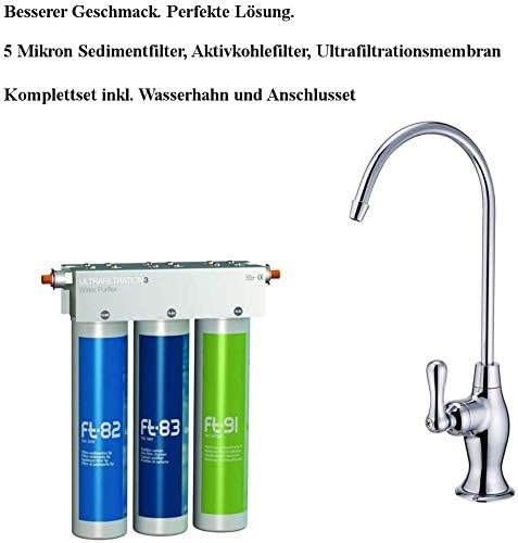 Puricom FT-LINE 3. Aktivkohle-Wasserfilter-System mit UF-Filtration mit Einweg Wasserhahn Oslo Chrom