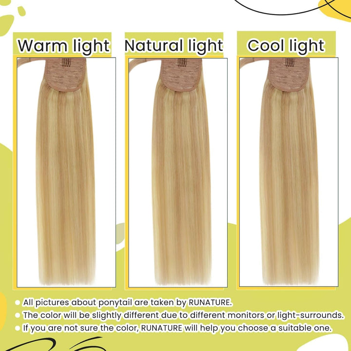 RUNATURE Zopf Extension Echthaar Blond Lang 55cm Highlighted Ponytail Extension Echthaar Blond Gerad